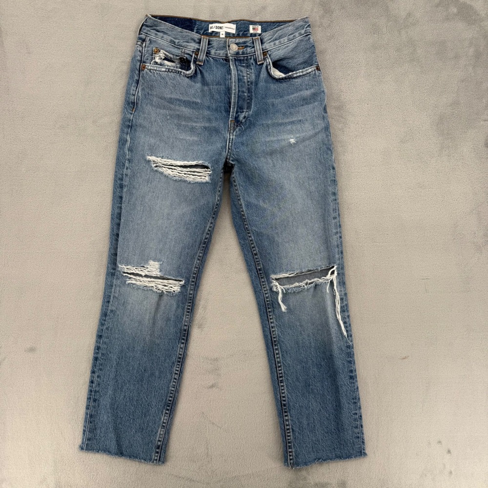 RE/DONE‎ Originals High Rise Stove Pipe Jeans The Rip Distressed Blue Denim 26